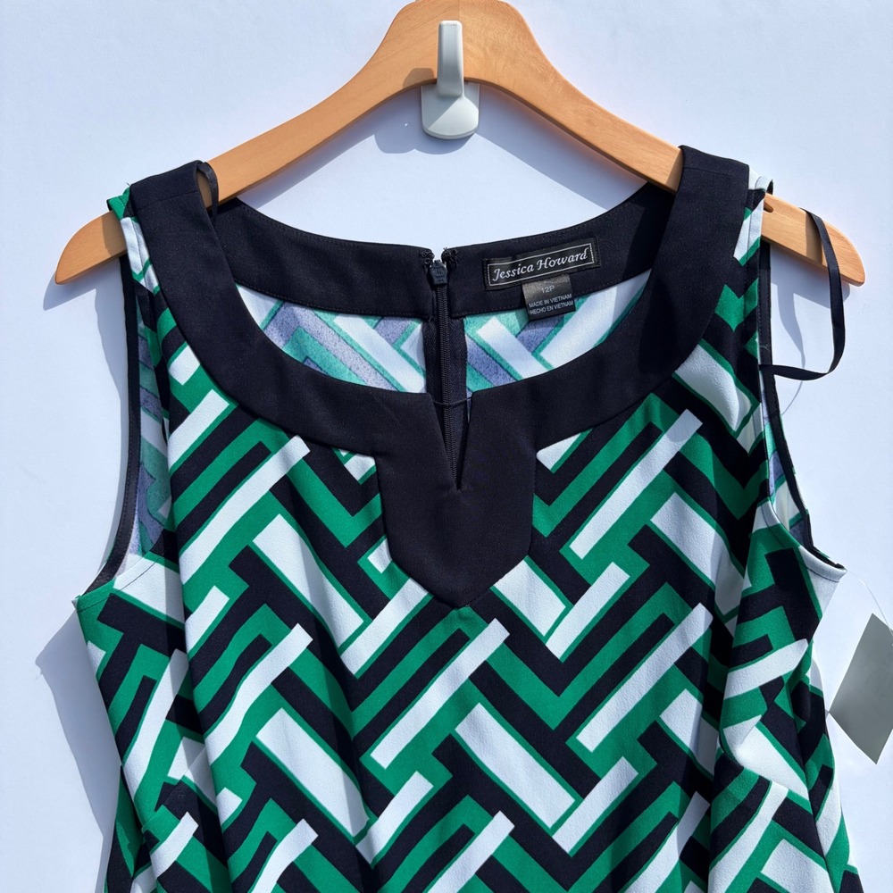 Jessica Howard Green Geometric Sleeveless Shift Dress Petite 12P‎ JH3P0791